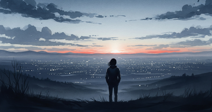 junger einsamer mensch vor grosstadt